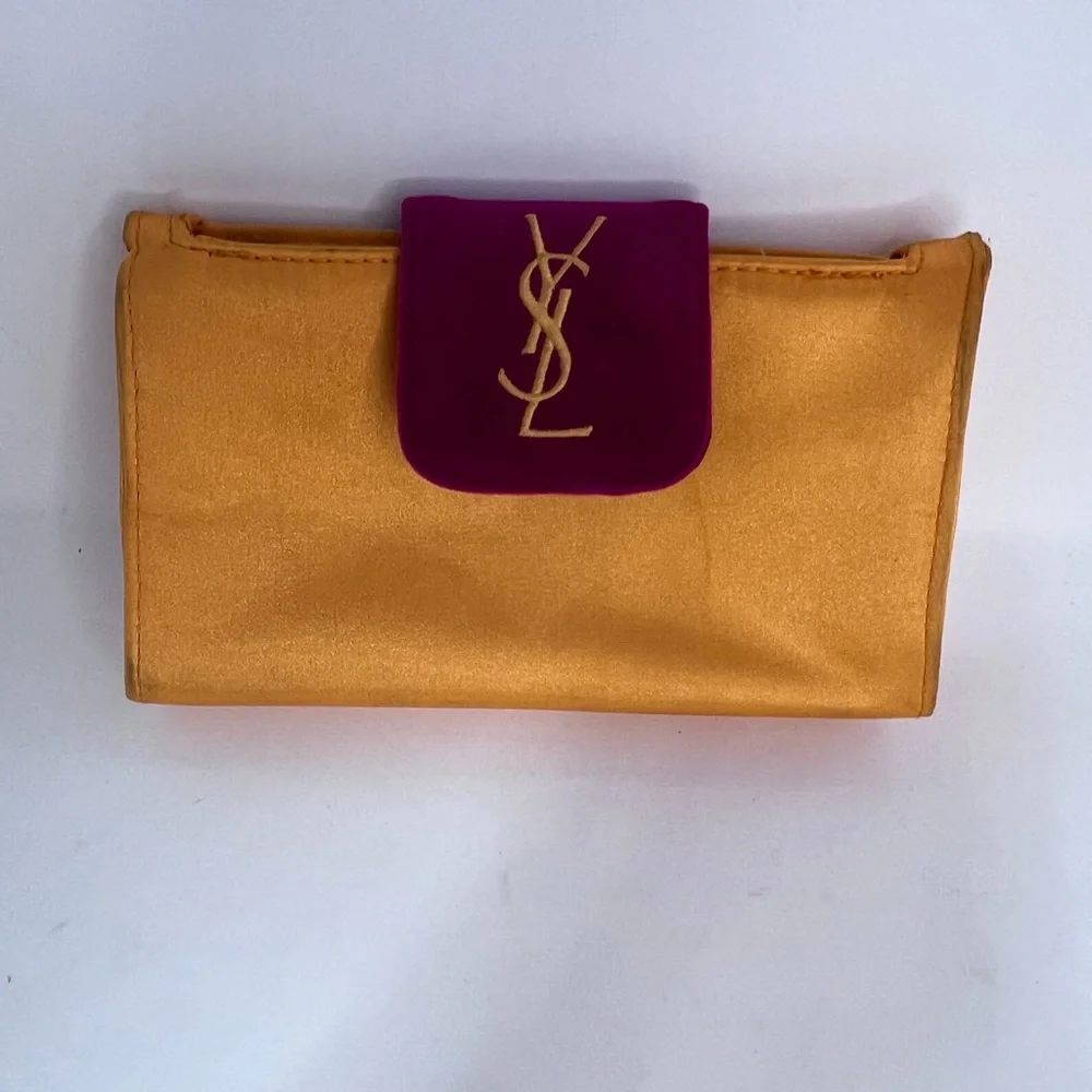 Yves Saint Laurent YSL Logo Nylon Cosmetic Pouch Bag Orange And Pink - Picture 2 of 11